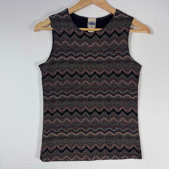 Vintage 90s Stretch Tank Dot Painted Stippled Wavy Lines Sparkles Jeweled Look S - Picture 1 of 7